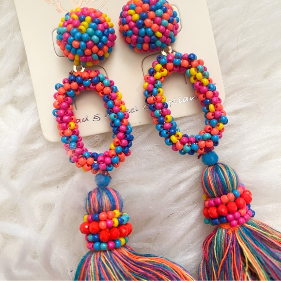 Multicolor Beaded Tassel Earrings - Picture 2 of 2